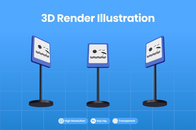 PSD 3d render ilustración señales de tráfico de playa