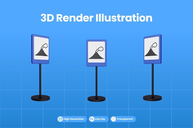 PSD 3d render ilustración señales de tráfico de la ruta de evacuación de la erupción del volcán