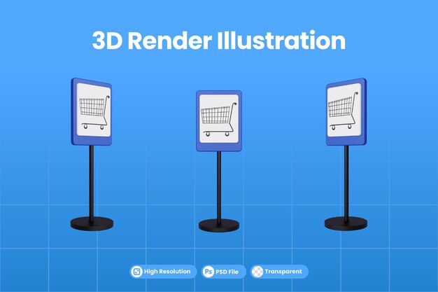 PSD 3d render ilustración señales de tráfico de supermercado
