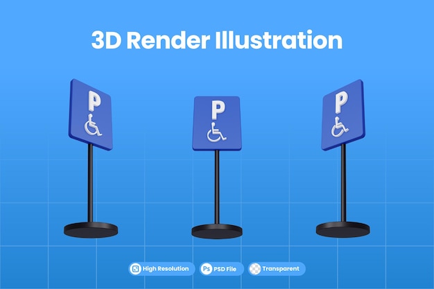 PSD 3d render ilustración señales de tráfico de la zona de estacionamiento para sillas de ruedas