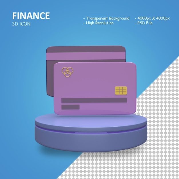PSD 3d render ilustración tarjeta de crédito en el icono de escenario para conjunto de finanzas