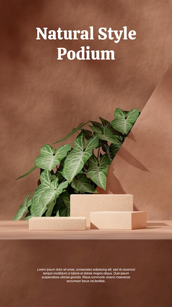 3D render imagem em branco maquete marrom pódio de terrazzo em retrato planta de folha verde e parede texturizada