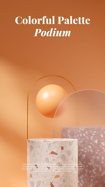 3d render imagen escena maqueta podio de terrazo rojo en retrato con esfera amarilla y anillo de oro