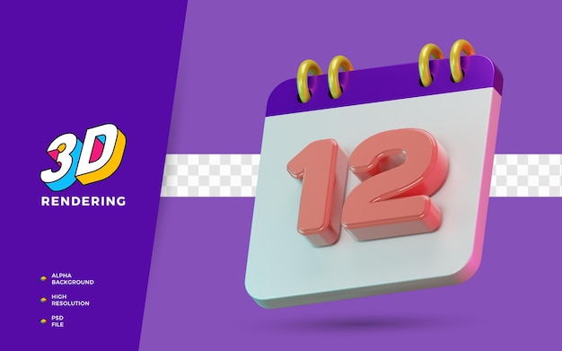 3D-Render isolierter Symbolkalender von 12 Tagen zur täglichen Erinnerung oder Planung