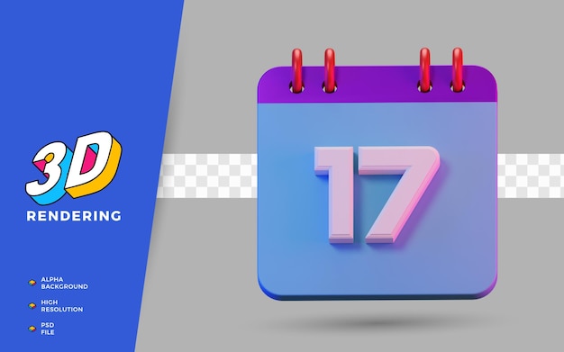 3D Render isolierter Symbolkalender von 17 Tagen zur täglichen Erinnerung oder Planung