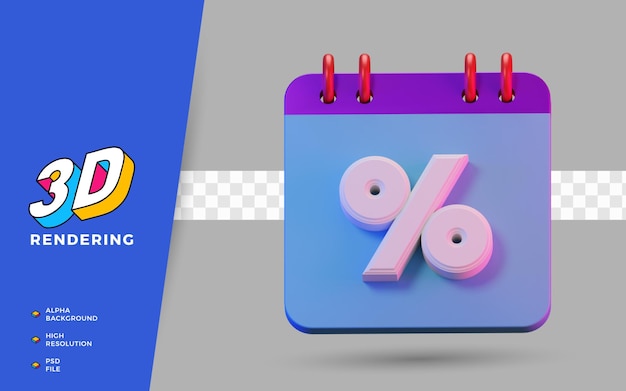 3D-Render isolierter Symbolkalender von Prozent für die tägliche Erinnerungs-Superverkaufsveranstaltung