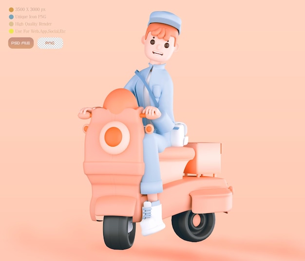 3d render jinete entrega entrega a domicilio repartidor paquete caja entrega rápida entregar bienes comprar en línea en motocicleta comprar en línea maqueta imagen editable