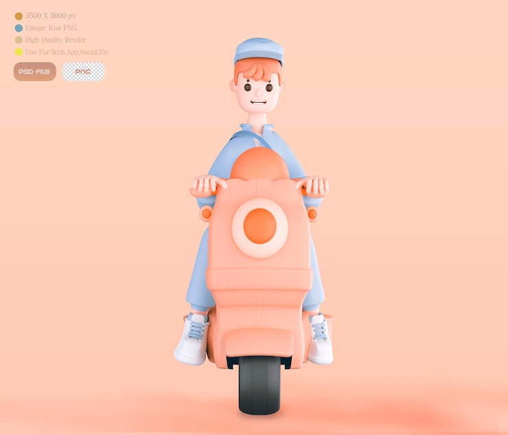 PSD 3d render jinete entrega entrega a domicilio repartidor paquete caja entrega rápida entregar bienes comprar en línea en motocicleta comprar en línea maqueta imagen editable