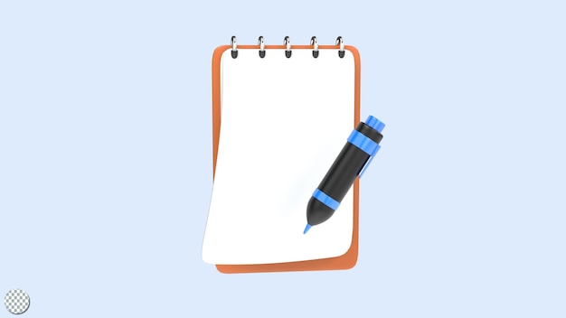 3D-Render-Klemmbrett aus weißem Papier mit Stift zur Illustration von Bürogeräten