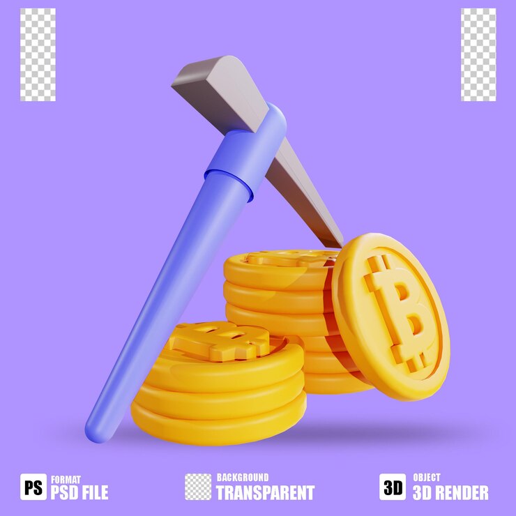 PSD 3d-render-kryptowährungssymbol bitcoin-mining mit transparentem hintergrund