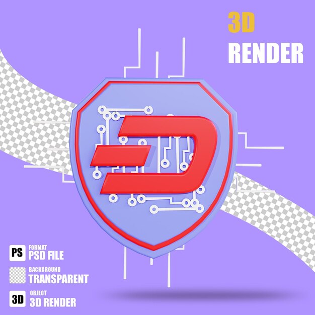 3D-Render-Kryptowährungssymbol Dash scurity 3 mit transparentem Hintergrund