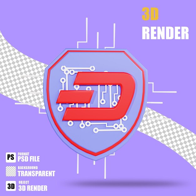 PSD 3d-render-kryptowährungssymbol dash scurity 3 mit transparentem hintergrund