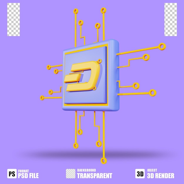 3D-Render-Kryptowährungssymbol Dashcoin 2 Prozessoraustausch mit transparentem Hintergrund