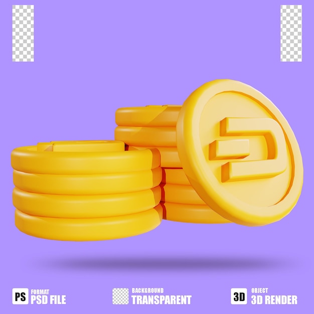3D-Render-Kryptowährungssymbol Dashcoin mit transparentem Hintergrund