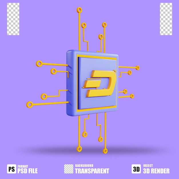 3D-Render-Kryptowährungssymbol Dashcoin-Prozessoraustausch mit transparentem Hintergrund