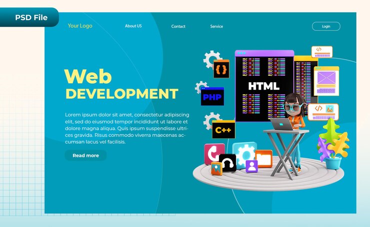 PSD 3d render landing page  web development illustration