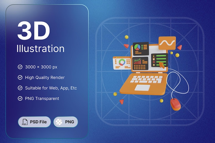 PSD 3d render laptop chart and diagram business object interactive
