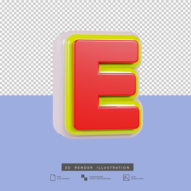 PSD 3d render letra e efecto de texto multicolor