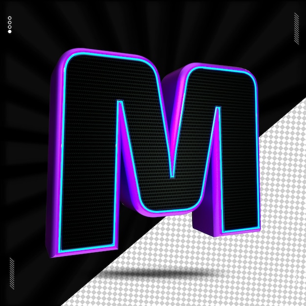3d render letra m fuente neón