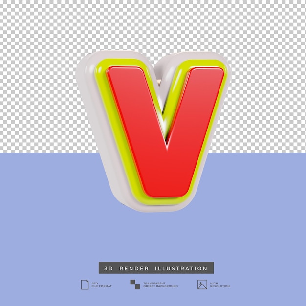3d render letra v efecto de texto multicolor