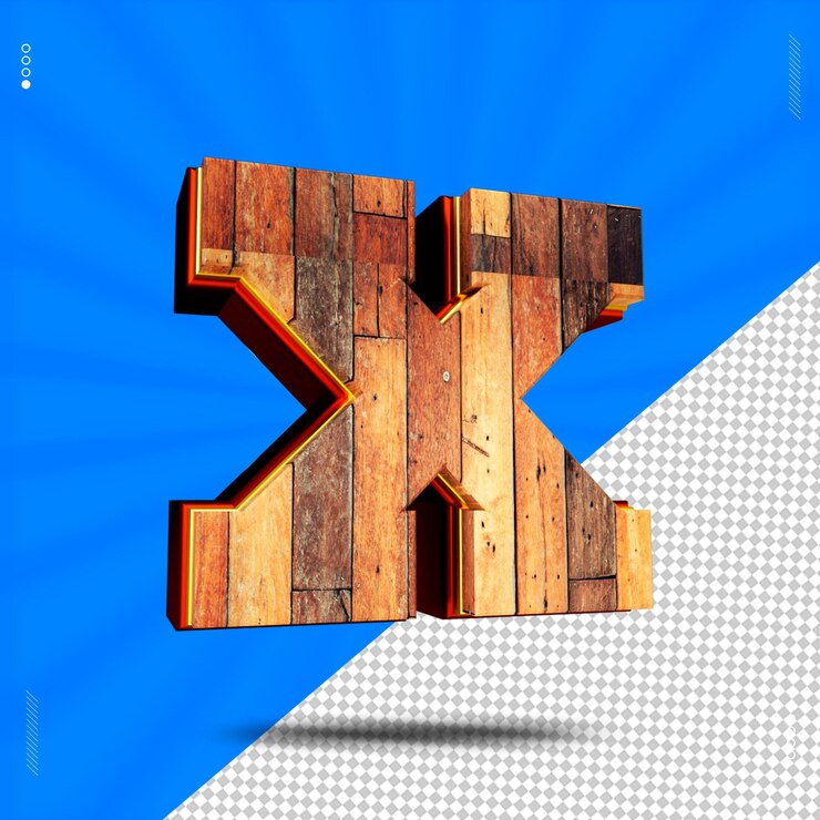 PSD 3d render letra x fuente madera
