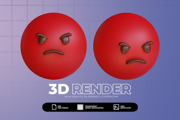 PSD 3d render lindo enojado enojado conjunto de emoji de cara