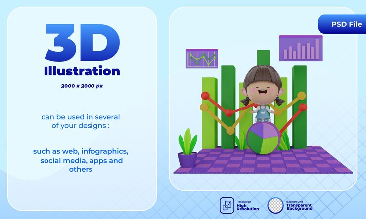 PSD 3d render lindo personaje con análisis de negocios