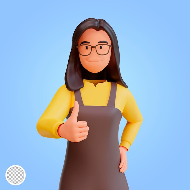 3d render lindo personaje de mujer mostrando pulgares arriba