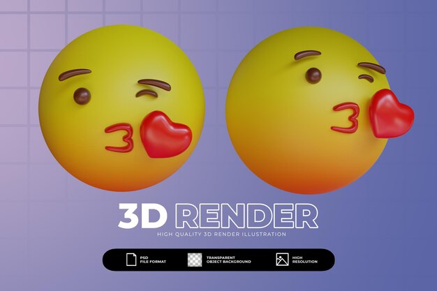 PSD 3d render lindo que sopla un beso emoji set