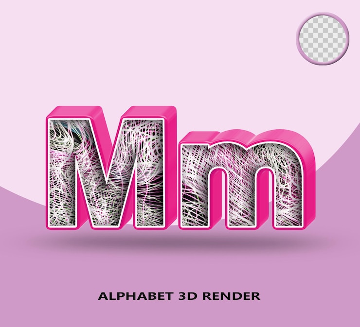 PSD 3d render línea del alfabeto rosa brillante con línea de onda abstracta