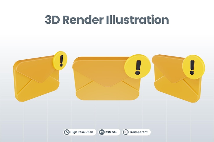 PSD 3d render mail exclamation mark icon with orange mail and yellow exclamation mark