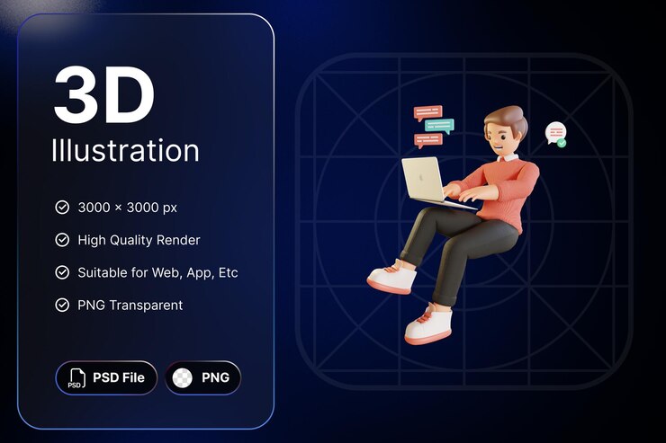 PSD 3d render man use laptop work activity concept modern icon ilustraciones diseño
