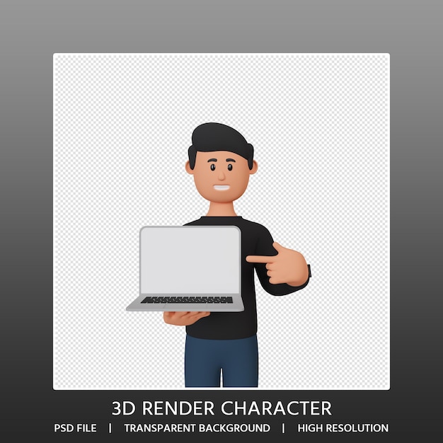 3d-render-mann-charakter, der auf laptop zeigt