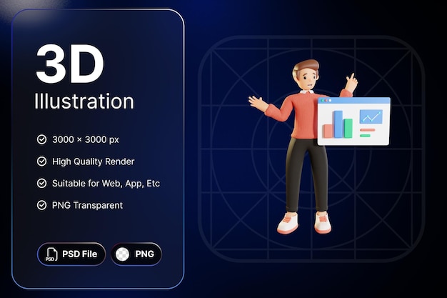 3D-Render-Mann mit Datenschnittstelle, Arbeitsaktivitätskonzept, modernes Symbol-Illustrationsdesign