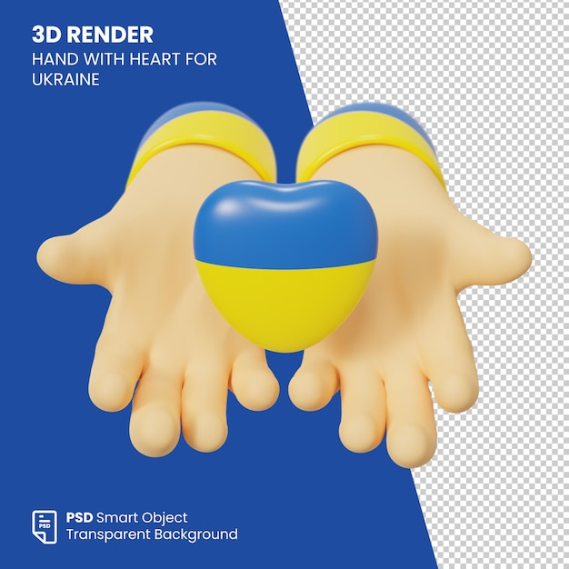 3d render mano con corazón para ucrania