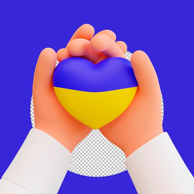 3d render manos sosteniendo un corazón en los colores de la bandera de ucrania