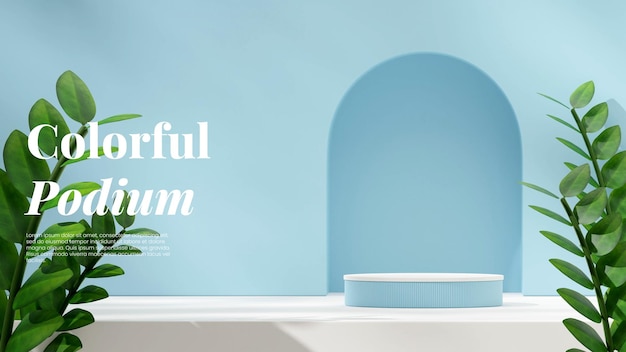 3D render maqueta en blanco de podio azul claro y blanco en paisaje con fondo de planta de casa zamia