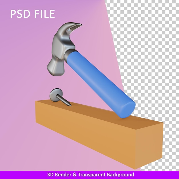 PSD 3d render martillo clavo y madera ilustración