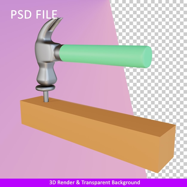 3d render martillo clavo y madera ilustración
