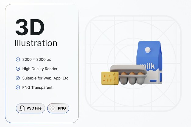 PSD 3d render mlik con huevo queso compras comestibles concepto moderno icono ilustraciones diseño