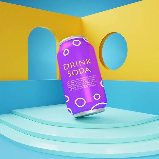 3d render mockup lata de refresco con podio amarillo azul