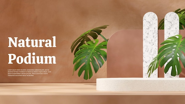 3D-Render-Mockup-Vorlage, Keramik-Textur-Podium in landschaftlich grünem Monstera-Blatt und brauner Wand