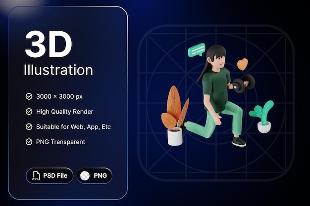 PSD 3d render mujeres carácter fitness concepto moderno icono ilustraciones diseño