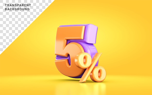 3d render naranja y púrpura 5 por ciento número de descuento de venta promocional sobre fondo amarillo