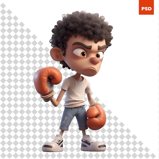 PSD 3d render de un niño afroamericano con guantes de boxeo