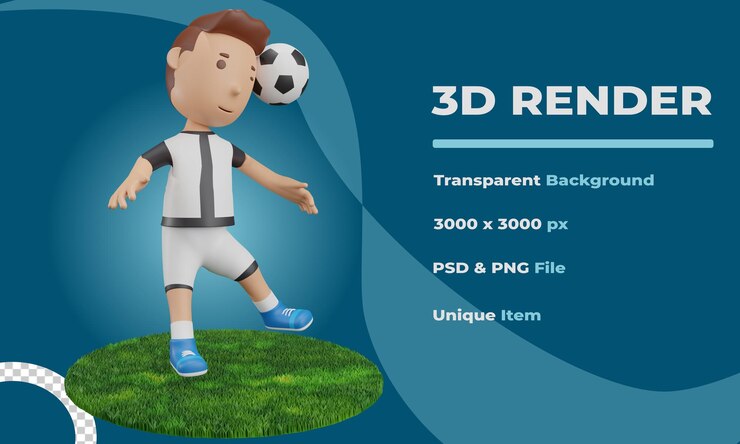 PSD 3d render niño encabezando pelota de fútbol