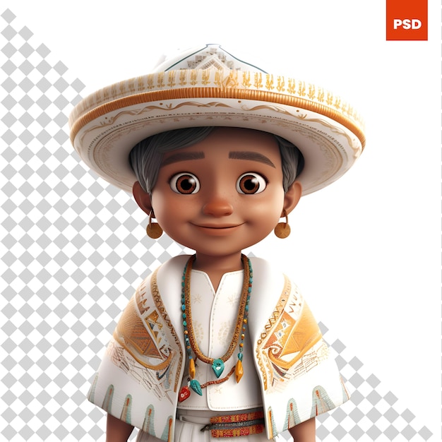 PSD 3d render de un niño mexicano con sombrero