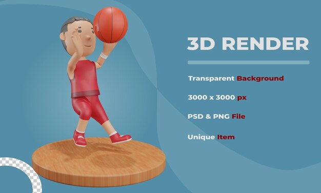 3d render niño tiro pelota baloncesto