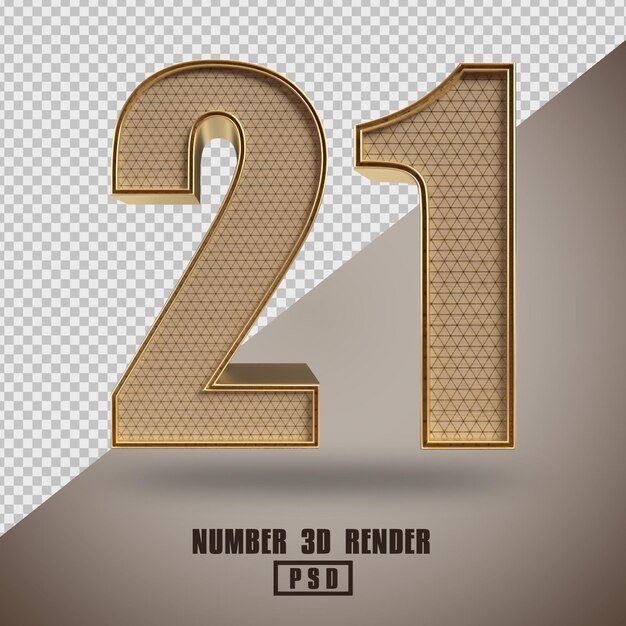 3D render number 21 wood and gold style