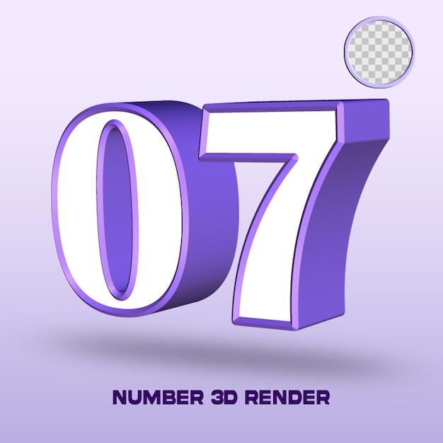 3d render número 07 color púrpura blanco